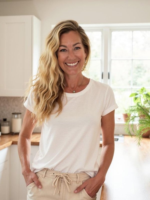 Lindsay Wilson, owner of Lindsay the Stager, smiling in a bright kitchen