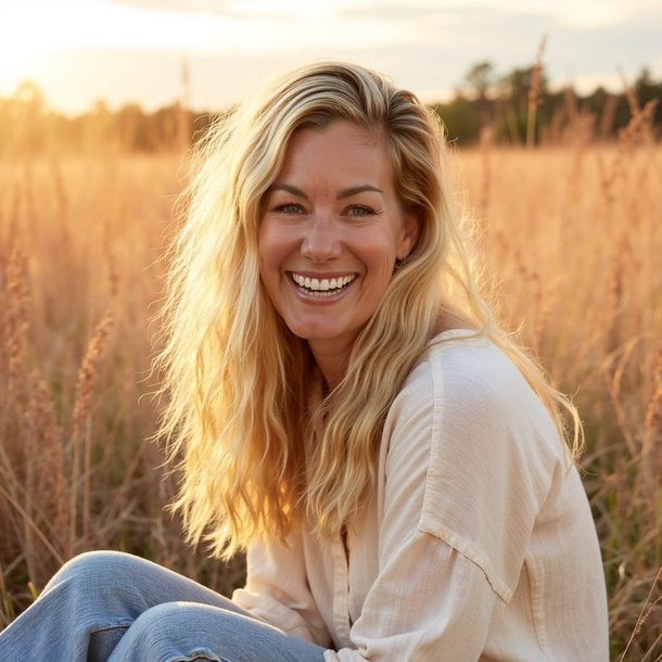 Lindsay Wilson smiling in a golden field at sunset